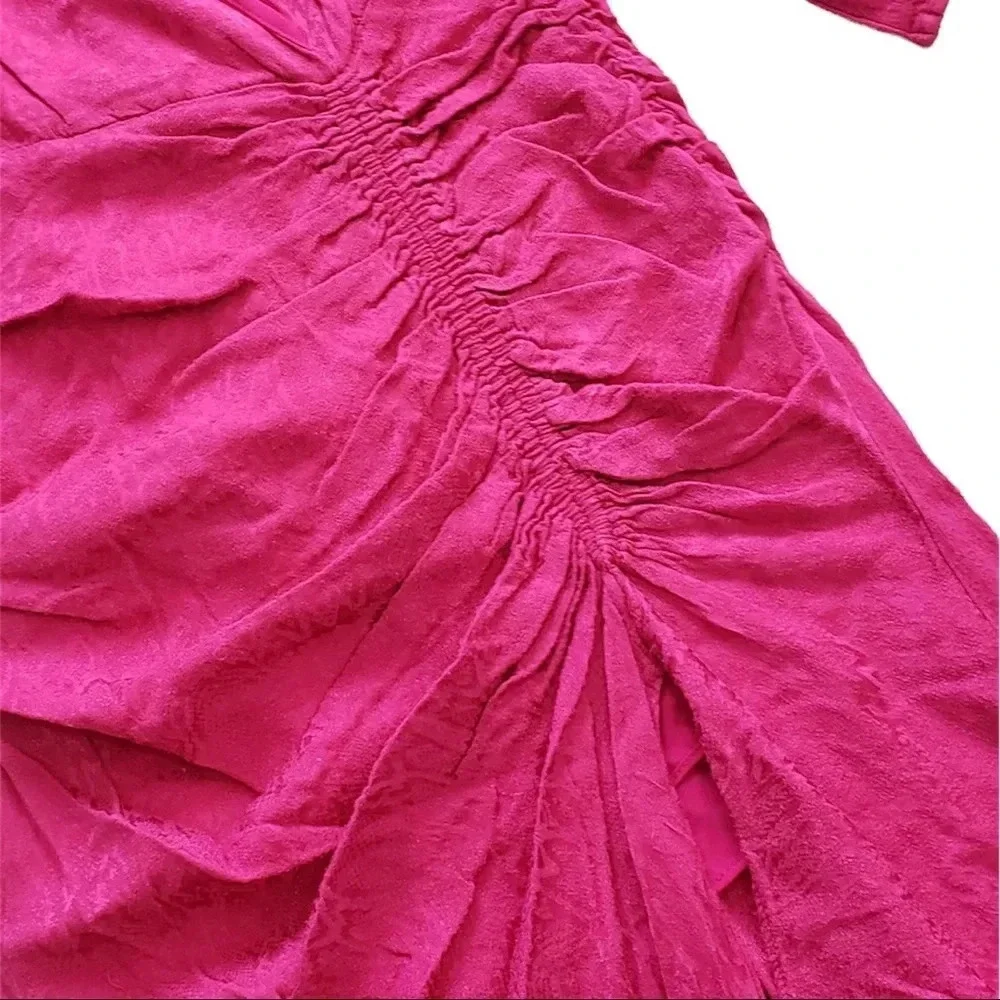 Krisa Pink High Low Surplice Side Ruched Dress Medium